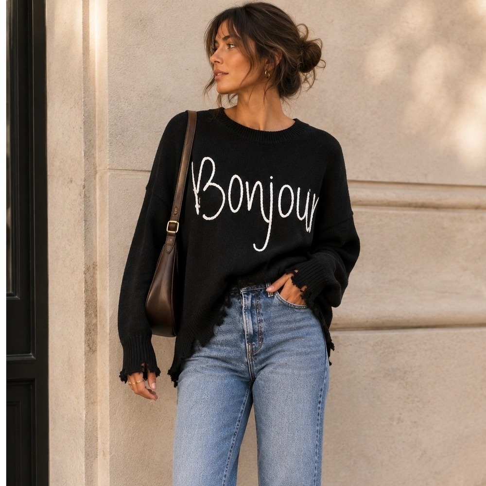 Le Lis Small Black Bonjour Oversized Distressed Sweater Pullover French Graphic